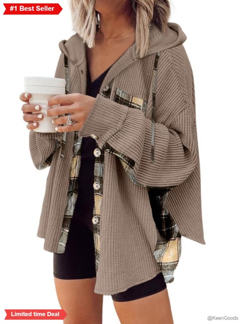 Womens Waffle Knit Plaid Shacket Button Down Hooded Jacket